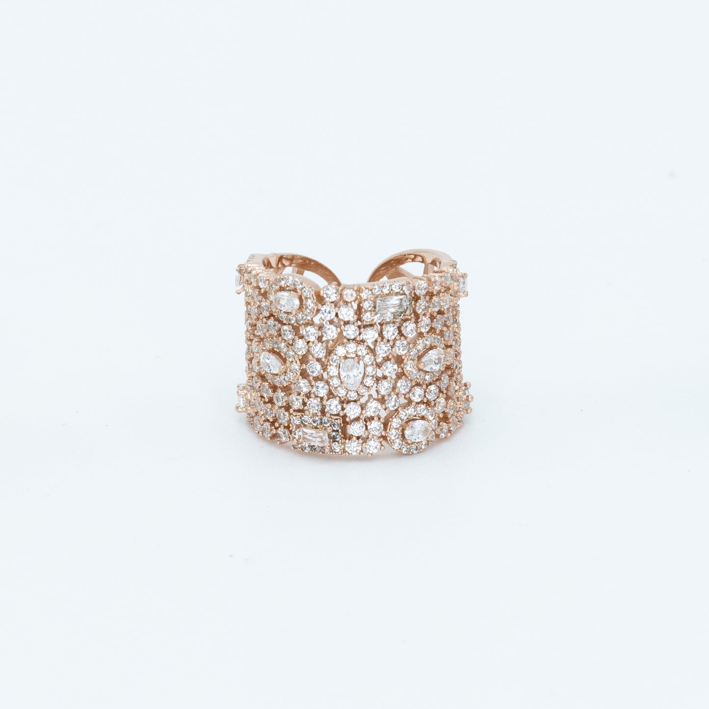 Adjustable cocktail ring w/ 3A CZ stones w/ diff shapes rhodium RG plated Default Title