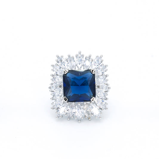 Sapphire stone ring clustered w/ 3A CZ stones rhodium plated