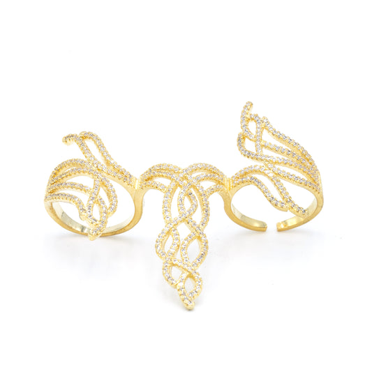 Triple Finger Swirl Pave Ring Cz Crystals  Gold