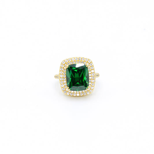Single emerald stone ring w/ 3A pave CZ stones rhodium G plated