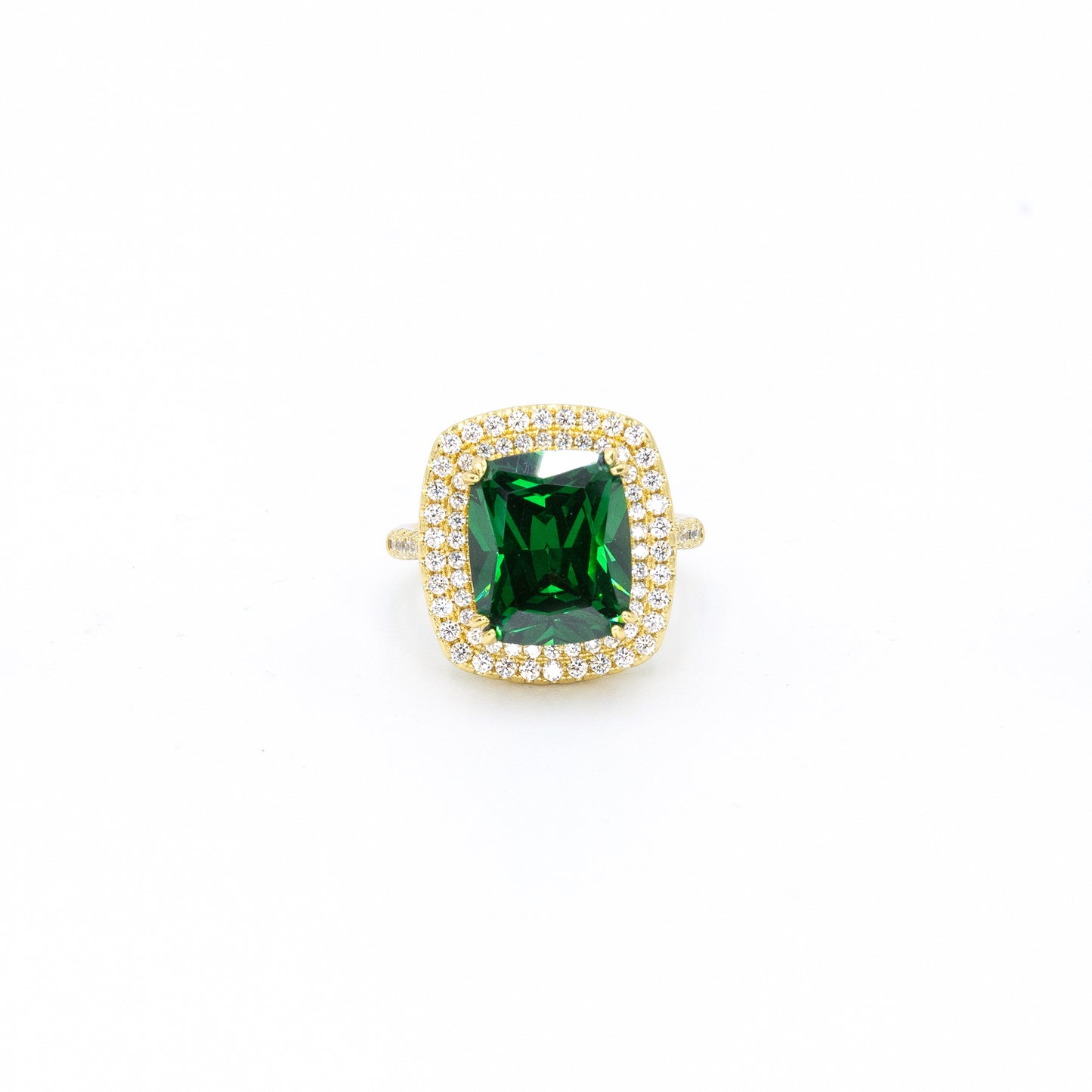 Single emerald stone ring w/ 3A pave CZ stones rhodium G plated