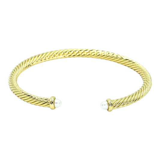 Gold plated cable wire cuff w/ pearl stone