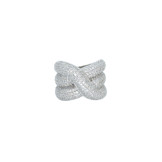 Pave thick band w/ 3A CZ stones rhodium plated criss cross