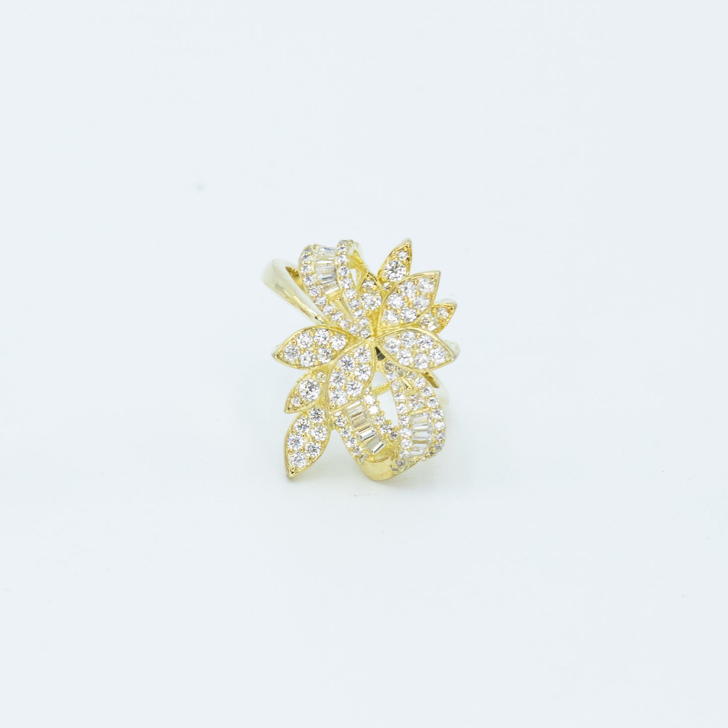 Flower encrusted ring with pave and baguette 3A CZ stones rhodium G plated Default Title